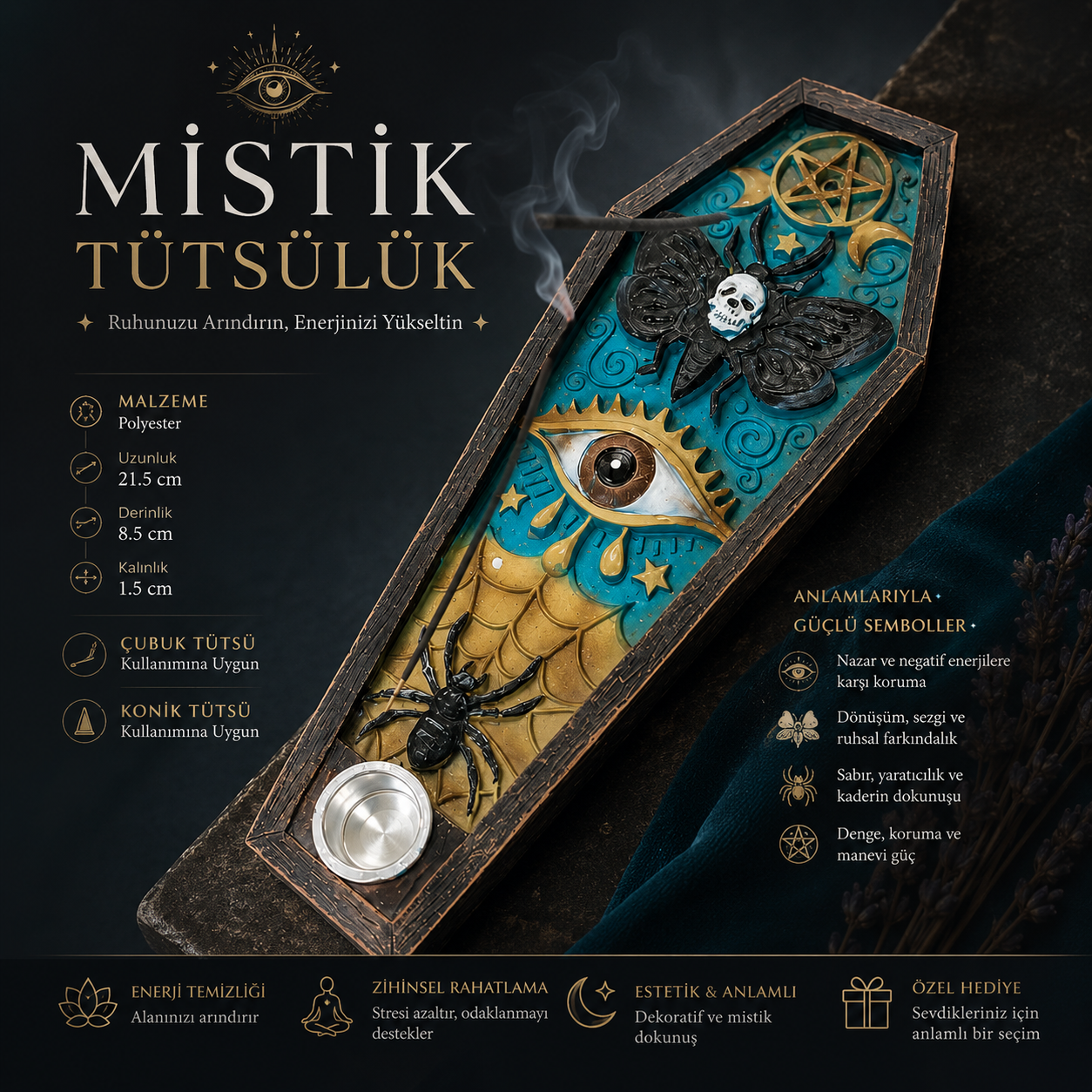 Mistik Tütsülük Tablası Çubuk Konik Tütsü Tutucu Sembolizm Dekoru Polyester Dekoratif Obje Hediye