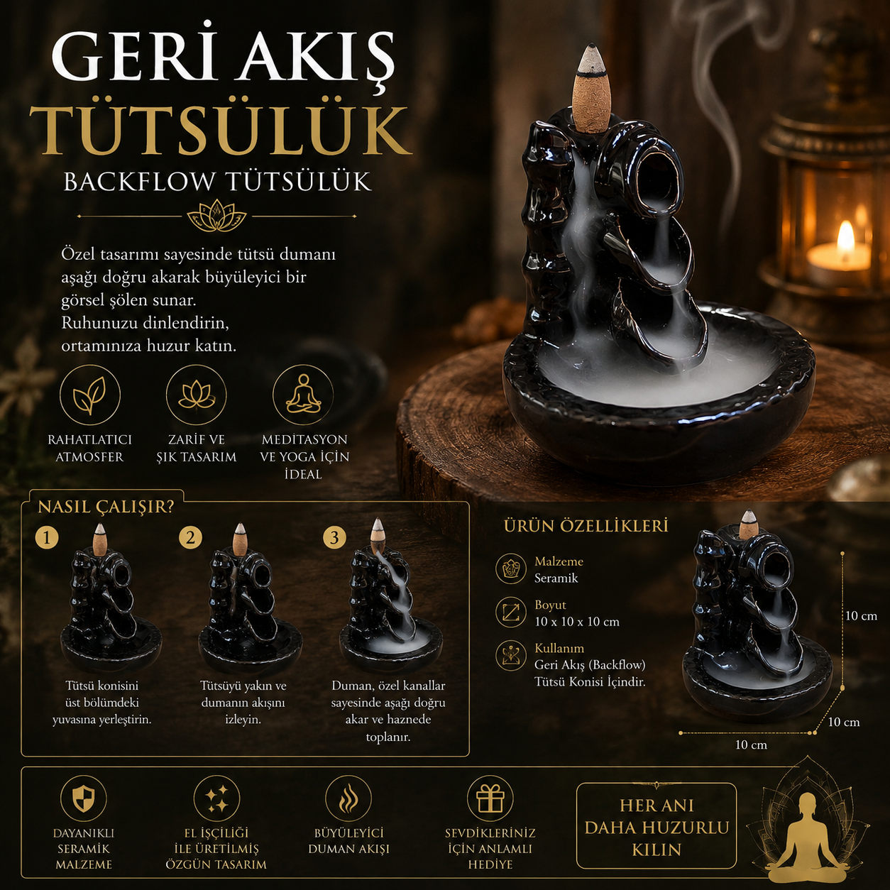 Bambution Seramik Geri Akış Tütsülük Backflow Şelale Etkili Meditasyon ve Yoga Siyah Dekoratif