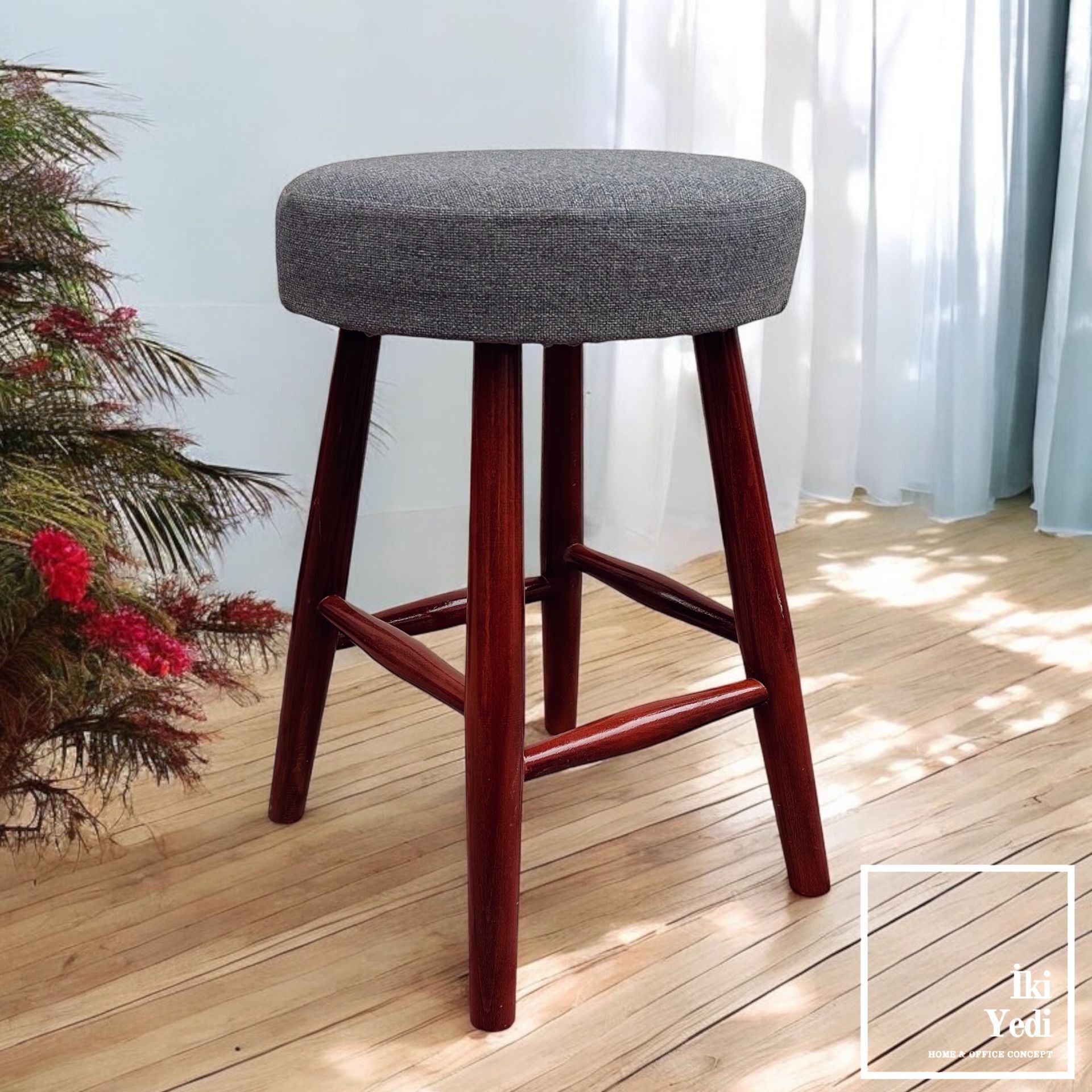 Loter 77-1 Ceviz Renk Ahşap Ayaklı Gri Keten Kumaş Tabure Puf Antre Mutfak Tamamlayıcı Ürünler Mobilya Dekorasyon