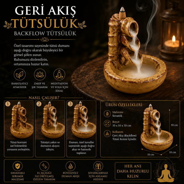 Bambution Seramik Geri Akış Tütsülük Backflow Bambu Tasarım Otantik Şelale Akışlı Toprak Dekoratif