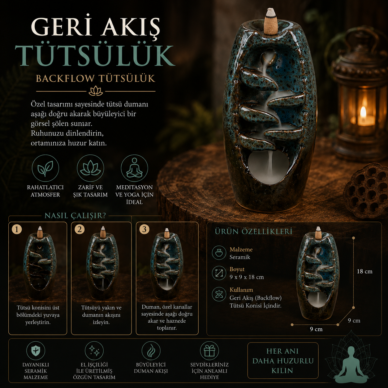 Kromalit Seramik Geri Akış Tütsülük Backflow Duman Şelalesi Meditasyon Yoga Tasarım Hediyelik Obje