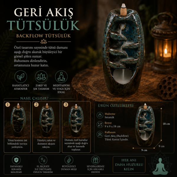 Kromalit Seramik Geri Akış Tütsülük Backflow Duman Şelalesi Meditasyon Yoga Tasarım Hediyelik Obje