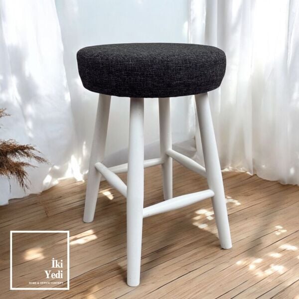 Loter 77-4 Beyaz Renk Ahşap Ayaklı Füme Keten Kumaş Tabure Puf Antre Mutfak Tamamlayıcı Ürünler