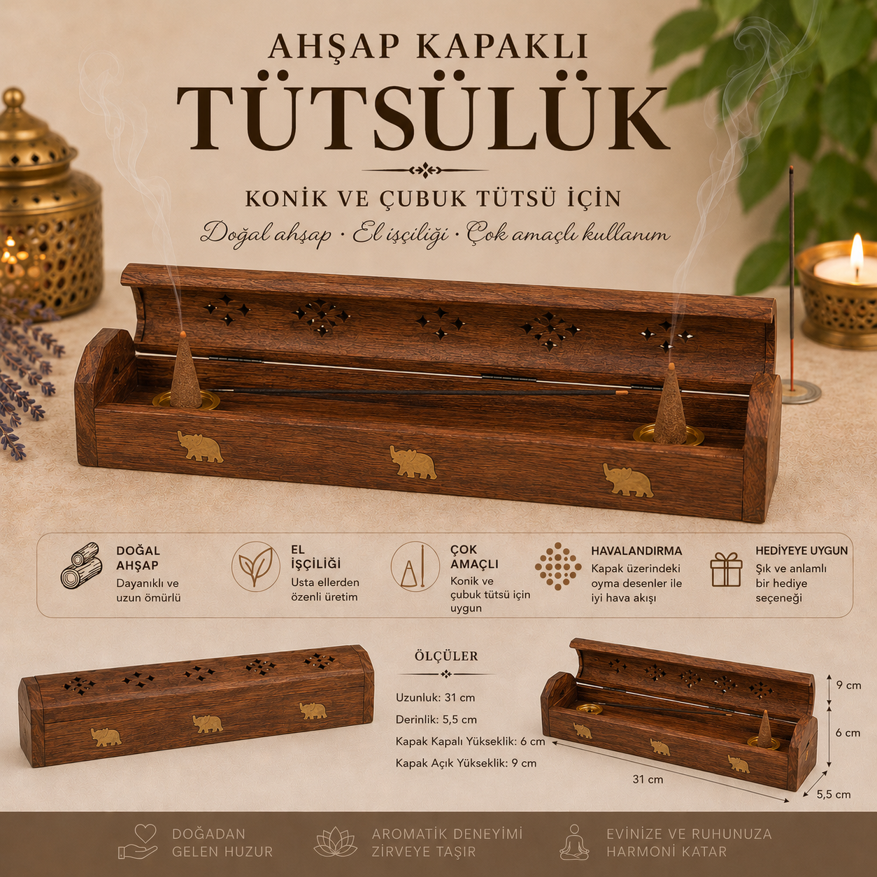 Arboral 771 Fil Figürlü Ahşap Tütsülük Çubuk ve Konik Tütsü Kutusu Dekoratif Tütsülük