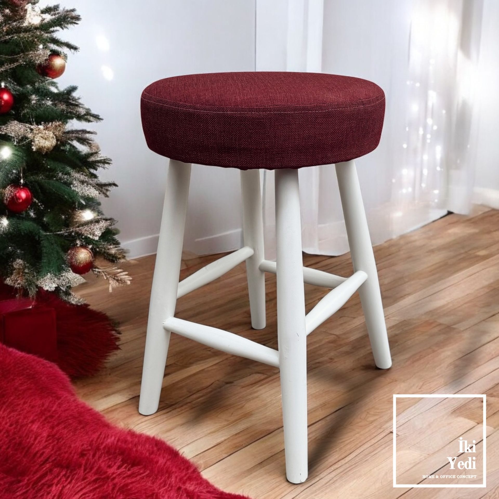 Loter 77-5 Beyaz Renk Ahşap Ayaklı Bordo Keten Kumaş Tabure Puf Antre Mutfak Tamamlayıcı Ürün