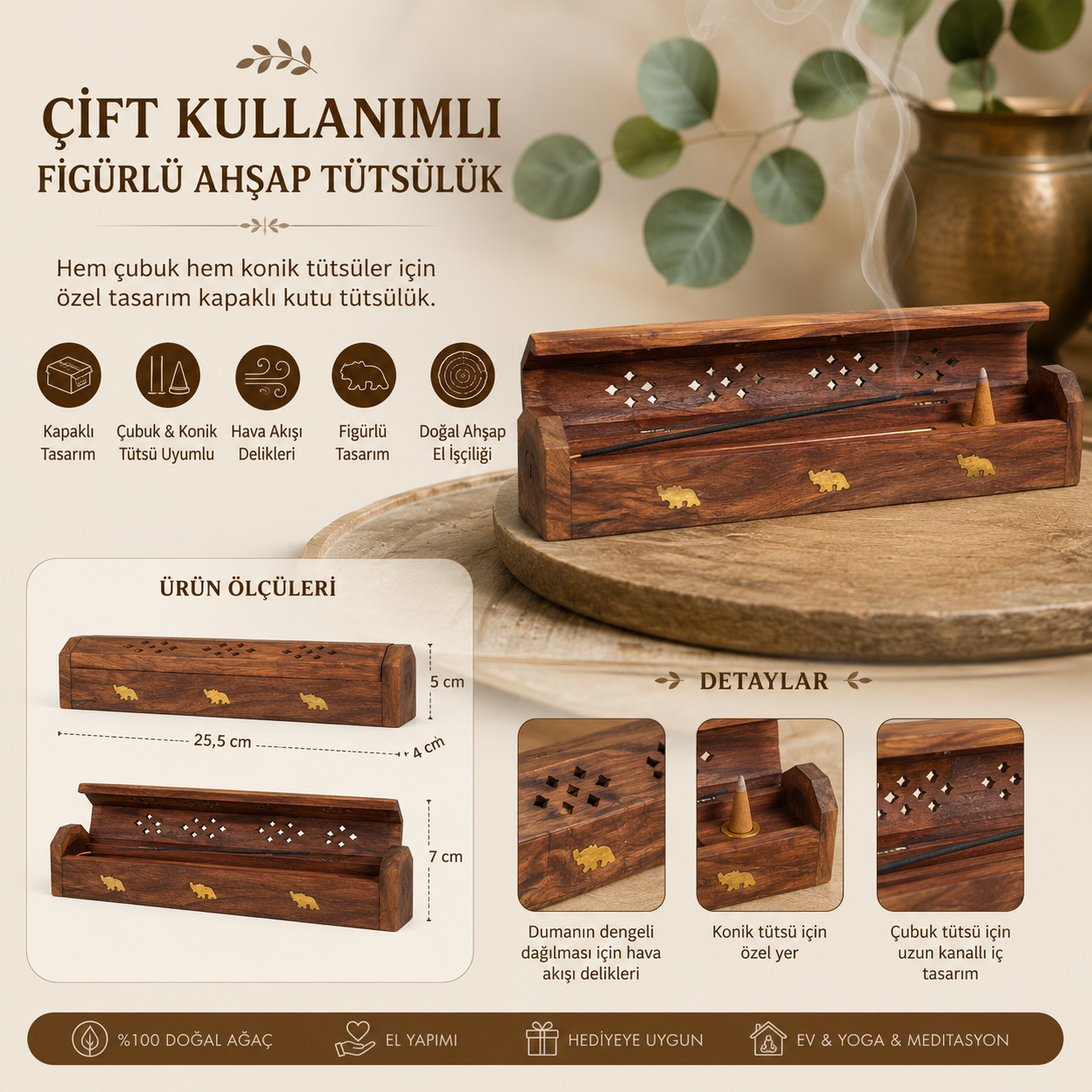 Arboral 773 Fil Figürlü Ahşap Tütsülük Kapaklı Çubuk Konik Tütsü Kutusu Dekor