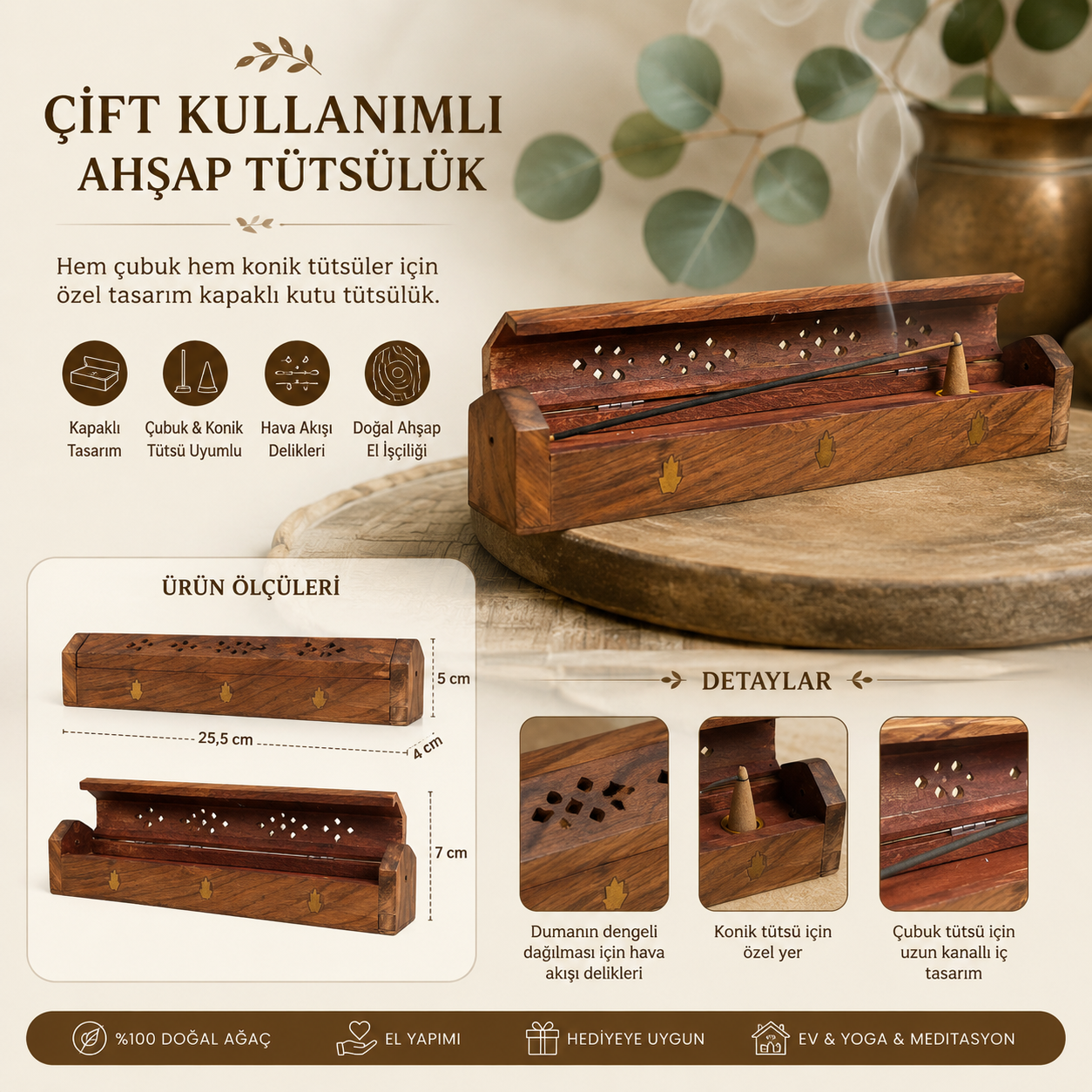 Arboral 773 Yaprak Figürlü Ahşap Tütsülük Çubuk ve Konik Tütsü Kutusu Dekoratif