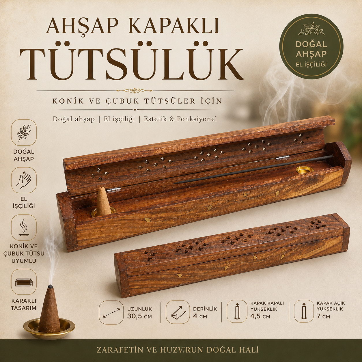 Arboral 772 Yaprak Figürlü Ahşap Tütsülük Çubuk Konik Tütsü Kutusu Ahşap Dekor