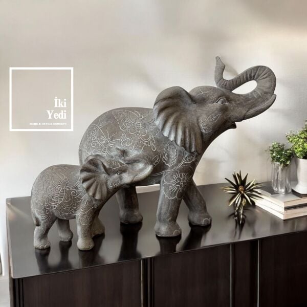 Palo 77-1 Yavrulu Fil Heykeli Dekoratif Obje Anlamlı Hediyelik Eşya Ev Hediyesi Bereket Ofis Dekor