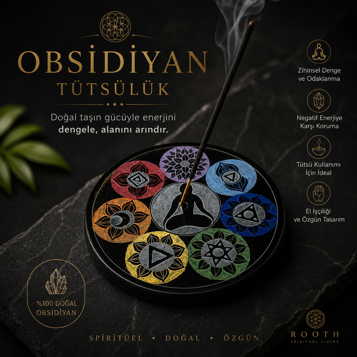 Obsidiyan Çakra Tütsülük, Meditasyon Tütsü Tabağı, Spiritüel Dekor, Yoga Hediyesi, Doğal Taş