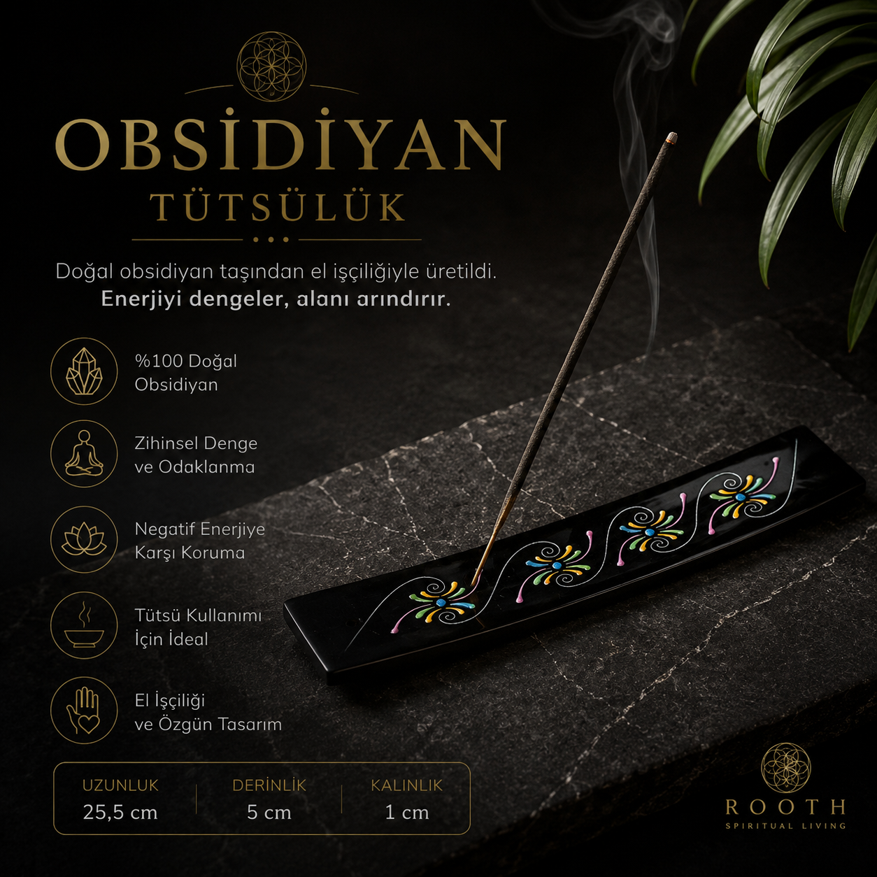 Obsidiyan Tütsülük, Doğal Taş Tütsü Tabağı, Spiritüel Dekorasyon, Meditasyon ve Yoga Aksesuarı