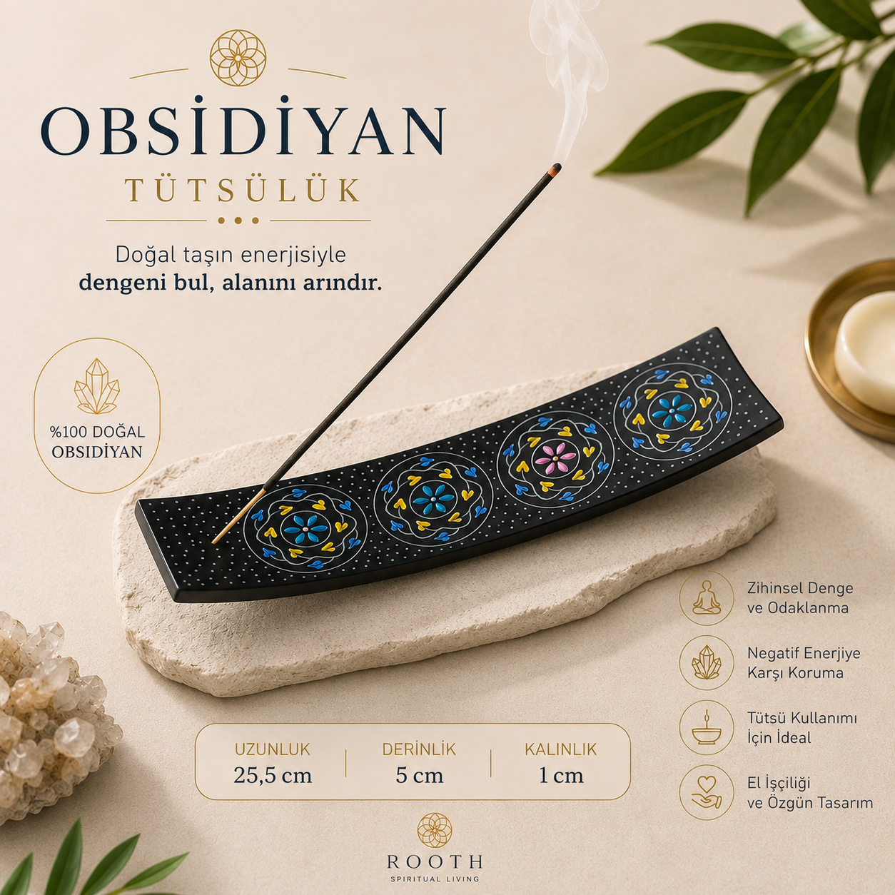 Obsidiyan Kayık Tütsülük, Doğal Taş Tütsü Tabağı, Yoga Meditasyon Dekoru, Spiritüel Obje