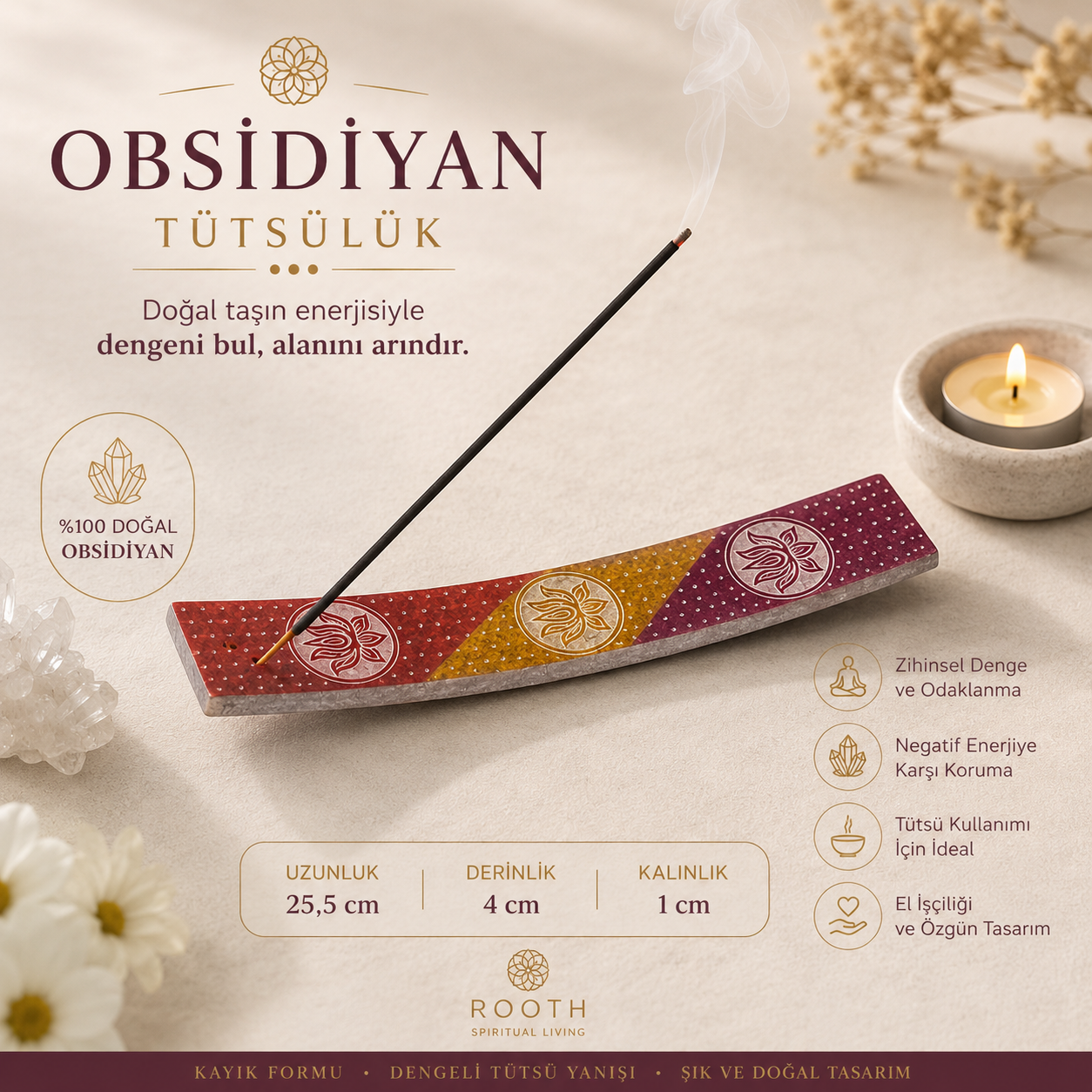 Obsidiyan Taş Tütsülük, Dekoratif Tütsü Tabağı, Meditasyon Aksesuarı, Yoga ve Ev Dekoru