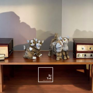 Minicat 77-2 Küçük 2'li Kedi Dekoru Dekoratif Obje Hayvan Biblo Ev Ofis Dekor Veteriner Petshop