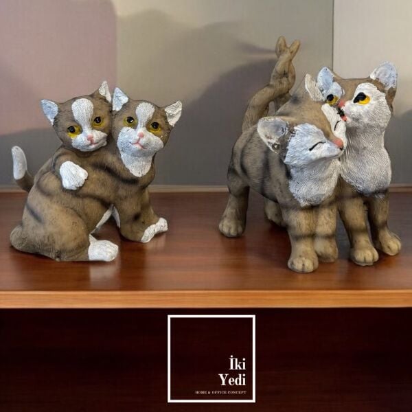 Minicat 77-2 Küçük 2'li Kedi Dekoru Dekoratif Obje Hayvan Biblo Ev Ofis Dekor Veteriner Petshop