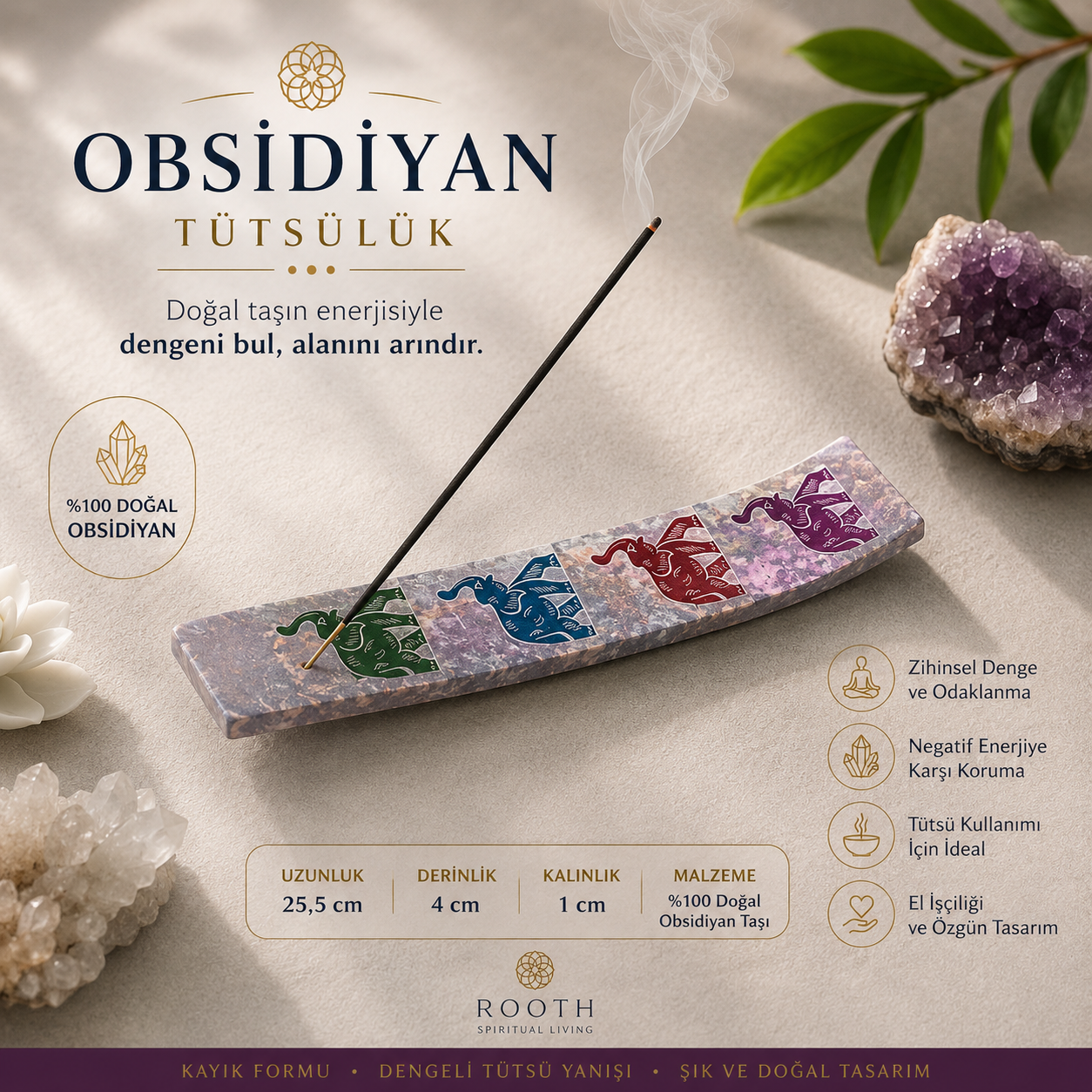 Obsidiyan Tütsülük, Doğal Taş Dekoratif Tütsü Tabağı, Meditasyon Yoga ve Spiritüel Hediye