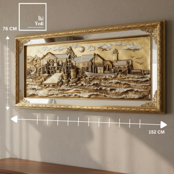 Pernille 152 cm Altın Gümüş Varaklı İskele Gemi Rölyef Tablo Lüks Kabartma Duvar Dekoru Hediyesi