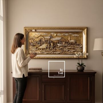 Pernille 152 cm Altın Gümüş Varaklı İskele Gemi Rölyef Tablo Lüks Kabartma Duvar Dekoru Hediyesi