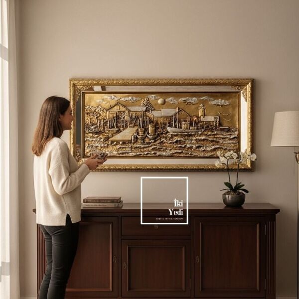 Pernille 152 cm Altın Gümüş Varaklı İskele Gemi Rölyef Tablo Lüks Kabartma Duvar Dekoru Hediyesi