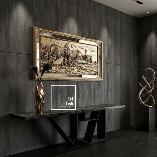 Pernille 152 cm Altın Gümüş Varaklı İskele Gemi Rölyef Tablo Lüks Kabartma Duvar Dekoru Hediyesi