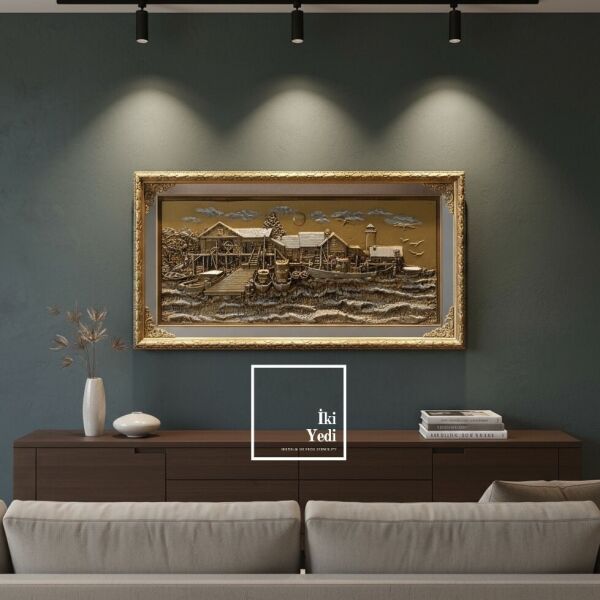 Pernille 152 cm Altın Gümüş Varaklı İskele Gemi Rölyef Tablo Lüks Kabartma Duvar Dekoru Hediyesi