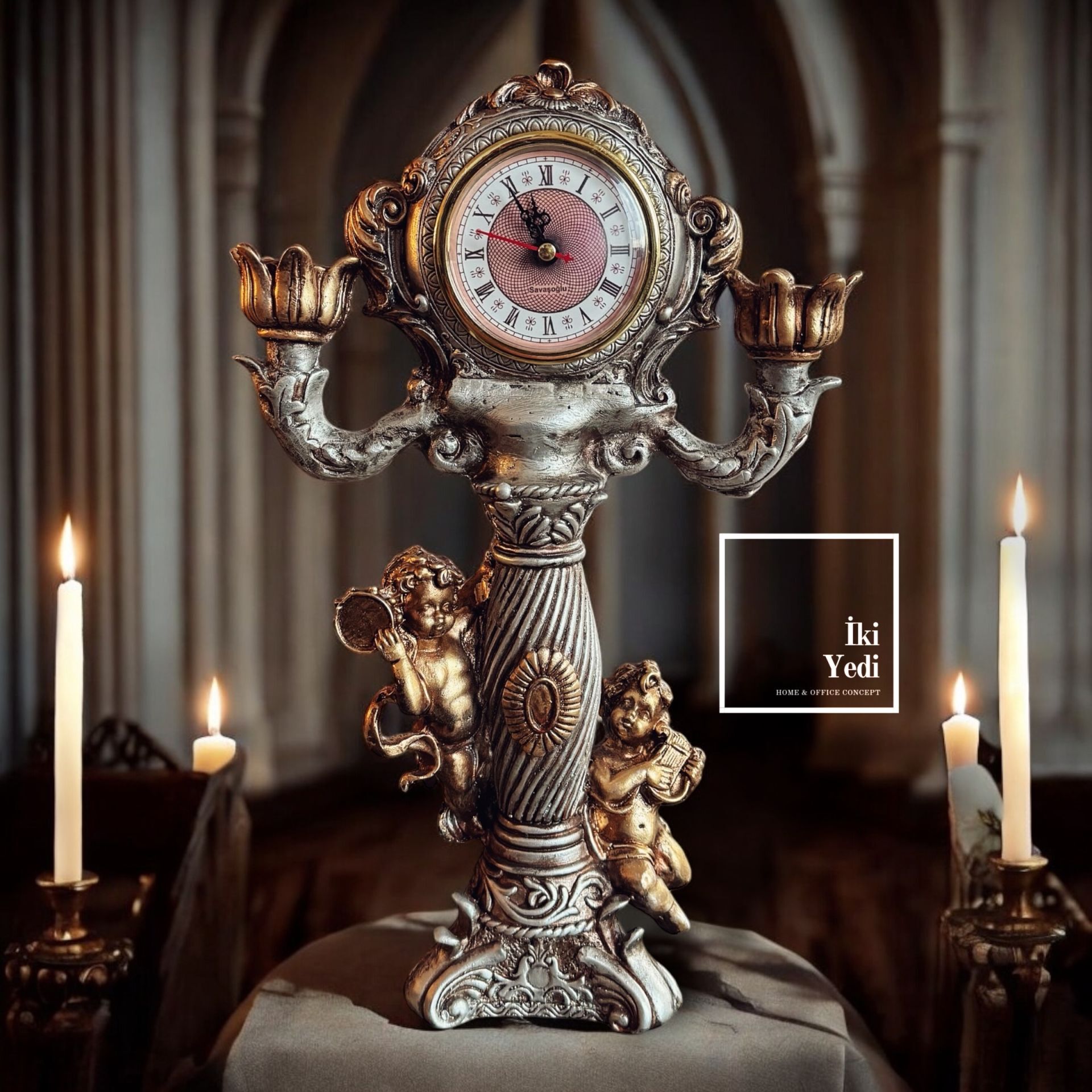 Rangela Viktoryen Şömine Saati ve Şamdan Seti, Antik Dekoratif Obje, Lüks Ev Ofis Hediyelik