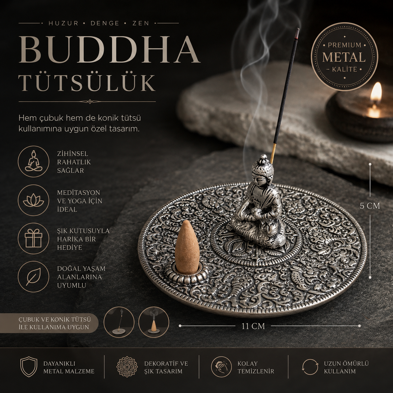 Buddha Figürlü Metal Tütsülük, Çubuk ve Konik Tütsü Aparatı, Meditasyon Yoga Ev Dekoru