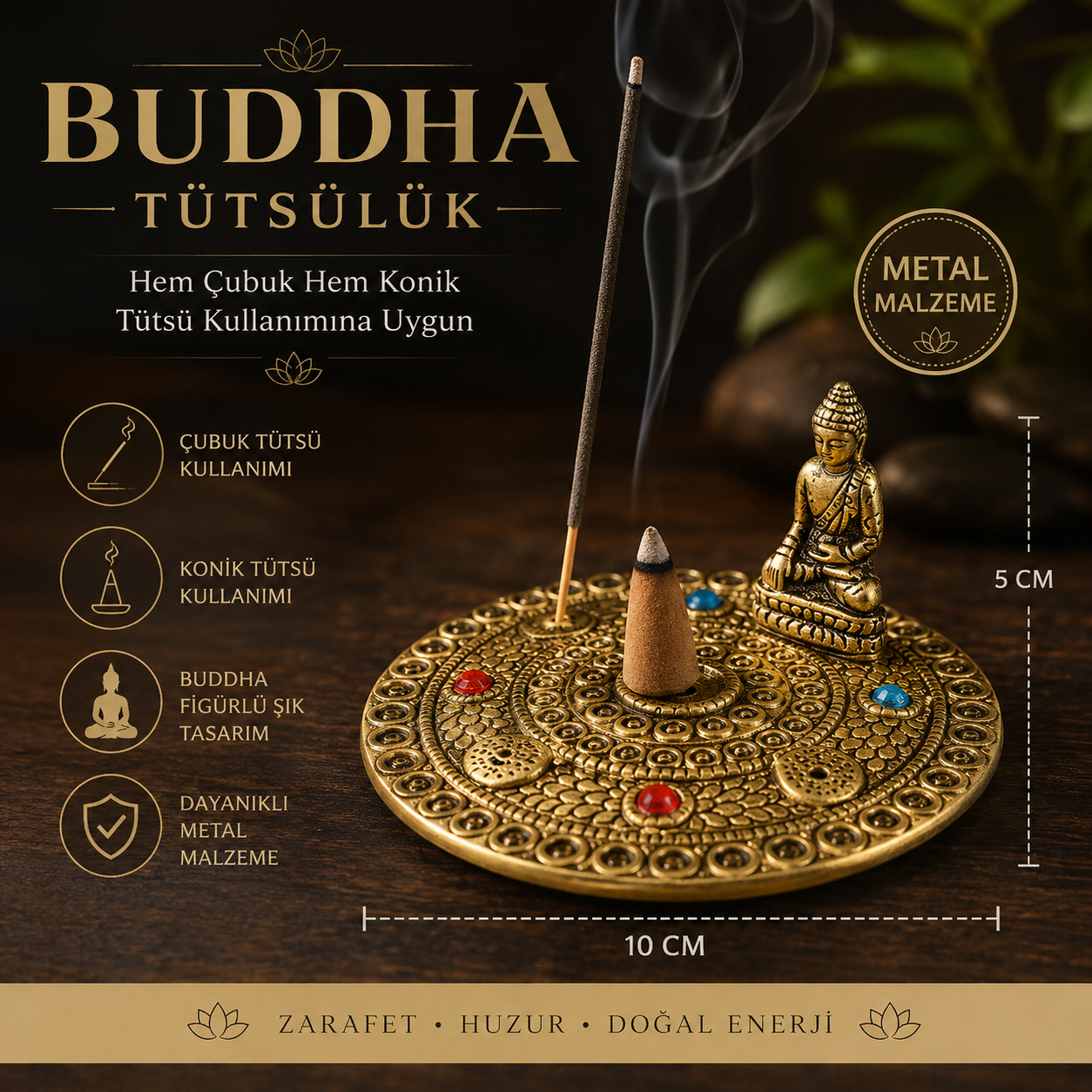 Altın Renk Buddha Tütsülük, Çubuk ve Konik Tütsü Aparatı, Meditasyon Yoga Ev Dekoru