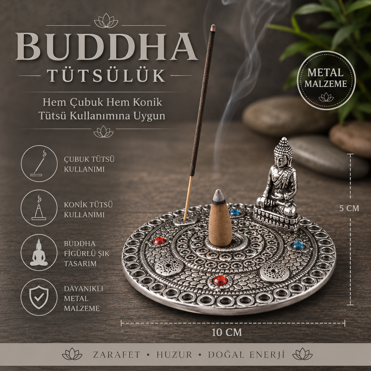 Gümüş Buddha Tütsülük, Çubuk ve Konik Tütsü Aparatı, Meditasyon Yoga Ev Dekoru Hediyesi