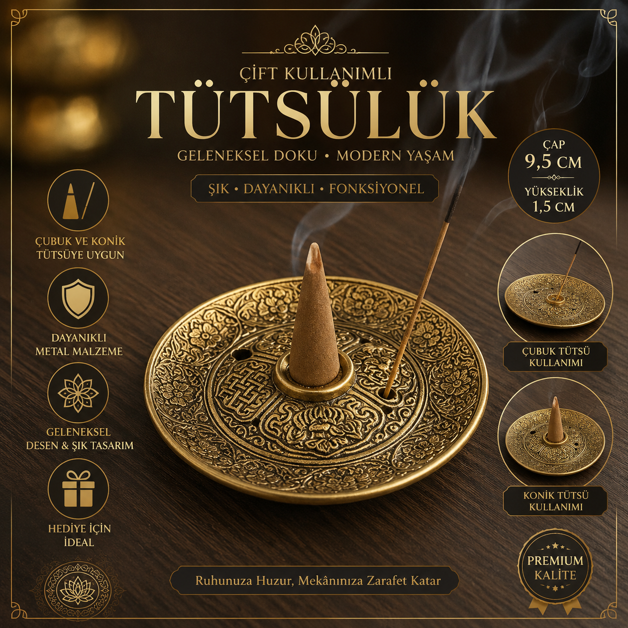 Metal Çift Kullanımlı Tütsülük, Çubuk ve Konik Tütsü Aparatı, Dekoratif Ev Ofis Hediyesi