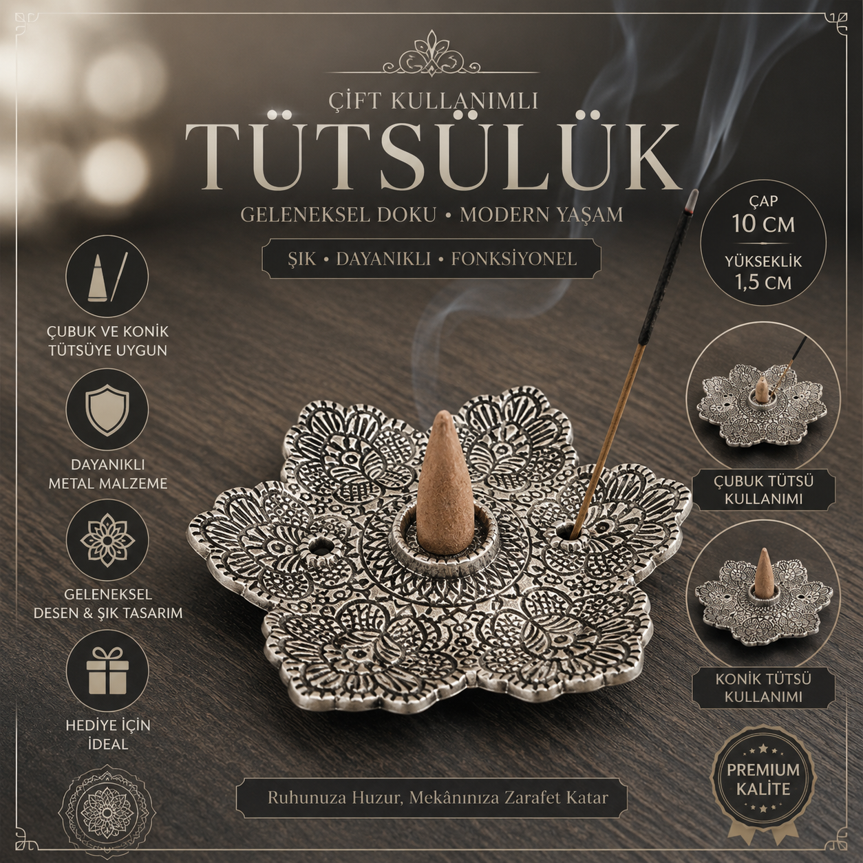Florenza Metal Çiçek Tütsülük, Çubuk ve Konik Tütsü Aparatı, Dekoratif Ev Ofis Hediye Objesi