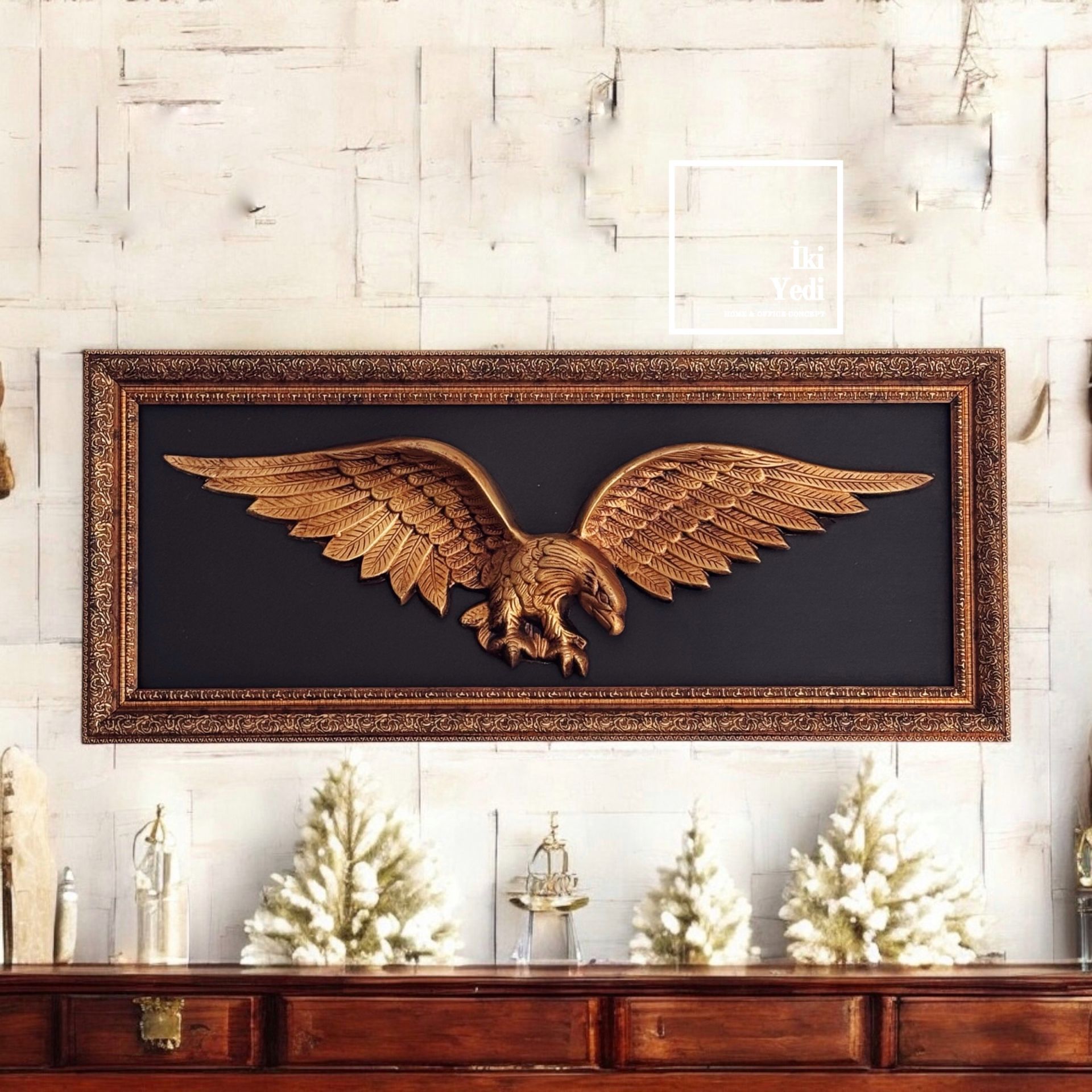Triant 77-1 Kanatlı Kartal Rölyef Tablo 40x93 cm – Çerçeveli Lüks Duvar Dekoru, Ofis Ev Hediyesi