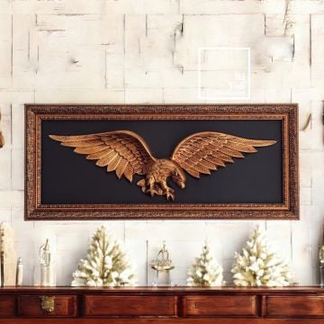 Triant 77-1 Kanatlı Kartal Rölyef Tablo 40x93 cm – Çerçeveli Lüks Duvar Dekoru, Ofis Ev Hediyesi