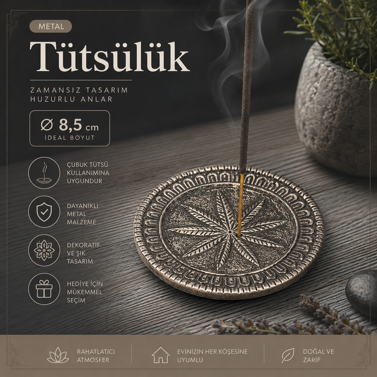 Asteria Metal Tütsülük, Dekoratif Çubuk Tütsü Tabağı, Ev Ofis Meditasyon Yoga Hediye Objesi