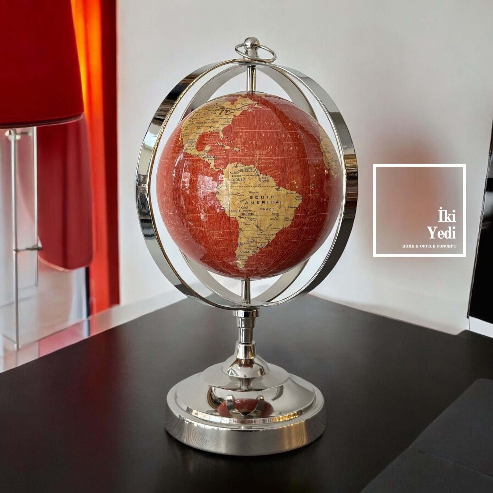 Xavier Krom Döküm Ayaklı Kırmızı Dünya Küresi, 35 cm Yerküre, Lüks Ofis Hediyesi Dekoratif Obje