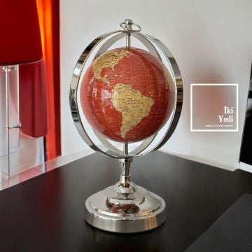 Xavier Krom Döküm Ayaklı Kırmızı Dünya Küresi, 35 cm Yerküre, Lüks Ofis Hediyesi Dekoratif Obje