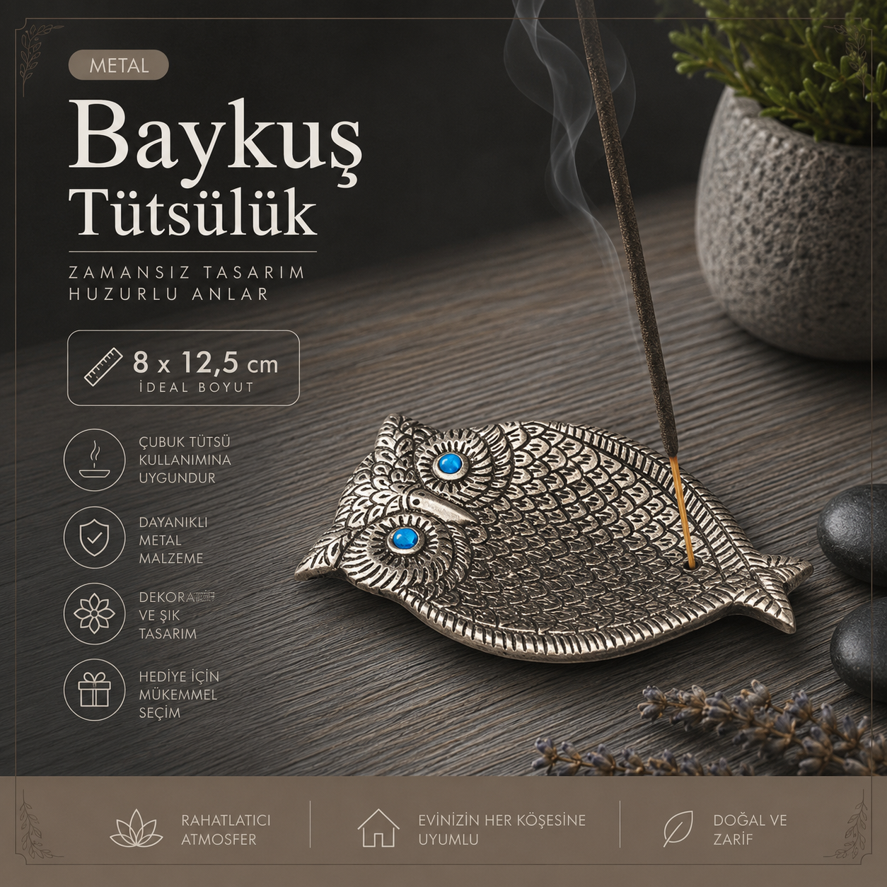 Baykuş Figürlü Metal Tütsülük, Dekoratif Çubuk Tütsü Tabağı, Ev Ofis Hediye ve Obje