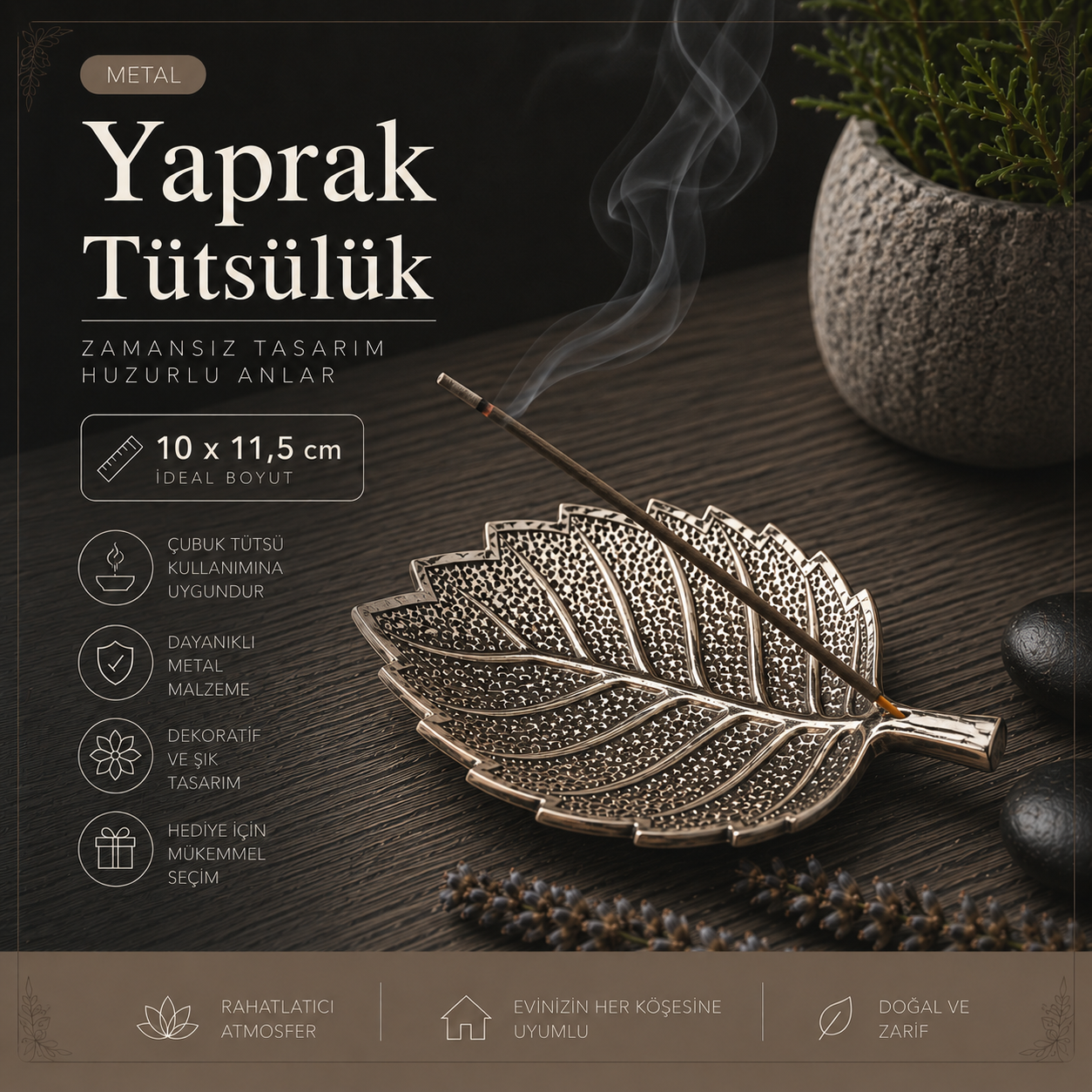 Metal Yaprak Tütsülük, Dekoratif Çubuk Tütsü Tabağı, Ev Ofis Meditasyon Yoga Hediyesi