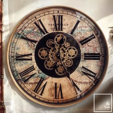 Hemispheres 60 cm Metal Döner Çarklı Duvar Saati – Vintage Dünya Haritalı Mekanik Saat, Romen Rakamlı Büyük Dekoratif Saat Modeli