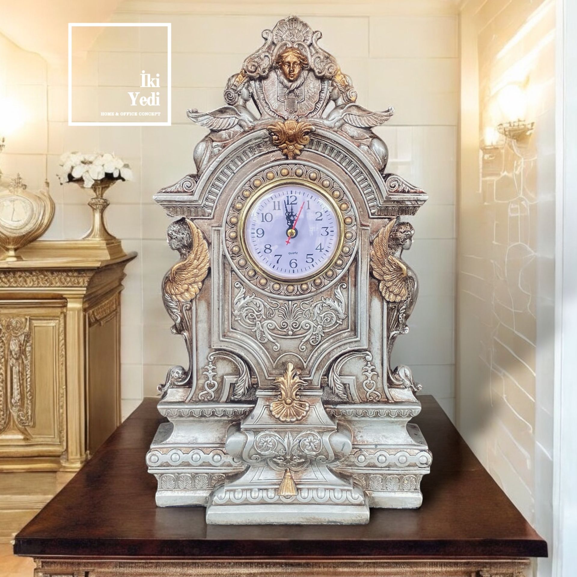 Poveda Viktoryen Tarzı Şömine Masa Saati, Antik Dekoratif Obje, Lüks Ev Ofis Hediyelik Saat
