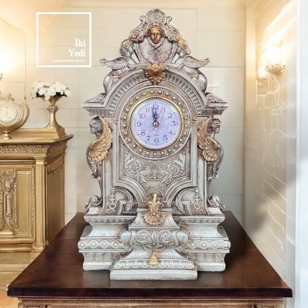 Poveda Viktoryen Tarzı Şömine Masa Saati, Antik Dekoratif Obje, Lüks Ev Ofis Hediyelik Saat