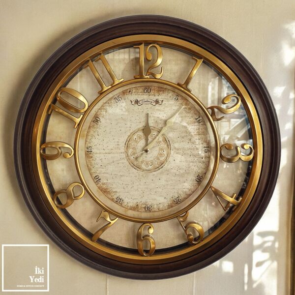 Cortes 45 cm Duvar Saati Ceviz Kahverengi Gold Renk Dekoratif Saat Ev Ofis Duvar Dekorasyonu