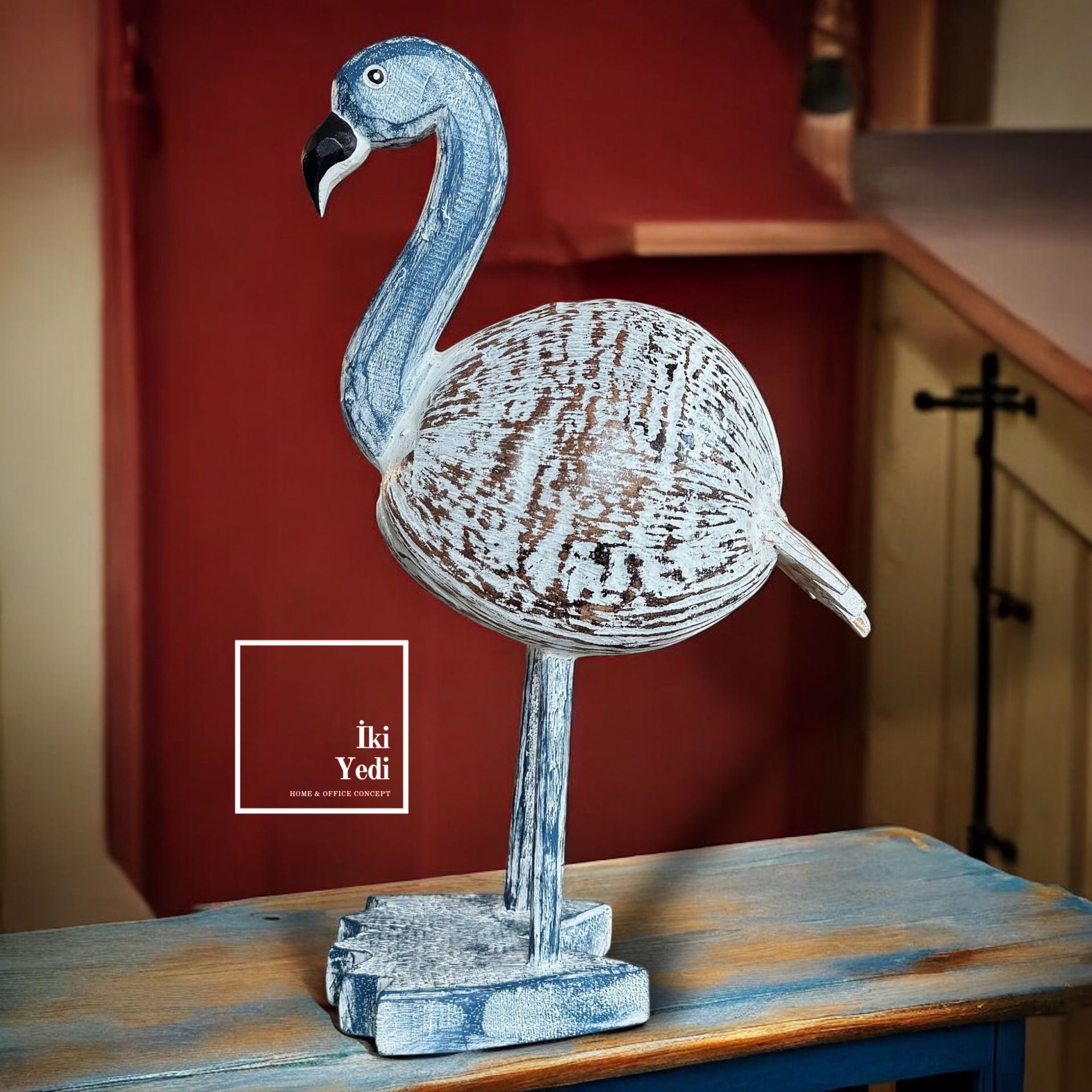 Flamingo Dekoru 49 cm Ahşap Mavi Dekoratif Obje Otantik Ev Hediyesi Dekorasyon Ürünleri Ofis Hediye