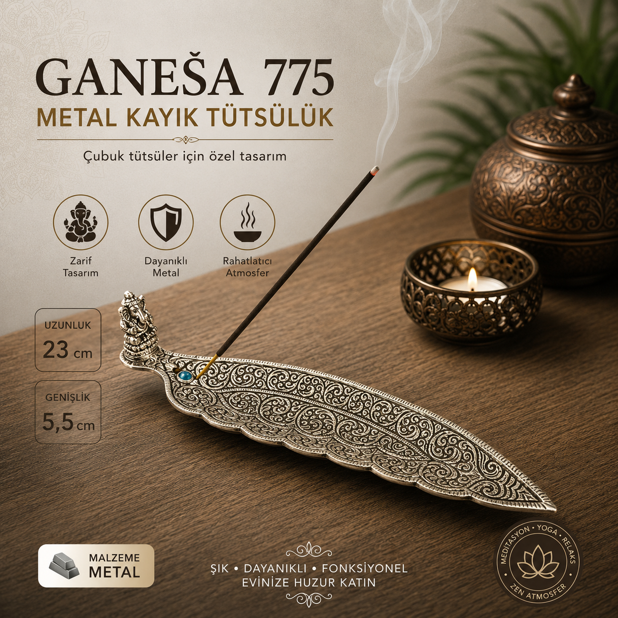 Ganeşa 775 Ganeşa Figürlü Metal Kayık Tütsülük Çubuk Tütsü Standı Dekoratif Ev Hediyelik