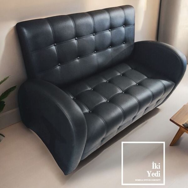 Argent Düğmeli İkili Kanepe 2 Kişilik Koltuk Ofis Bekleme Koltuğu Büro Misafir Dinlenme Salonu Makam Odası Mobilyası Önü