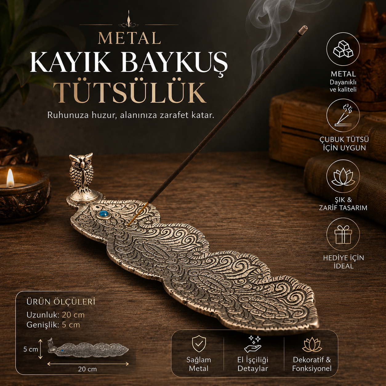 Metal Baykuş Figürlü Kayık Tütsülük Çubuk Tütsü Yakma Standı Dekoratif Ev Ofis Hediyesi