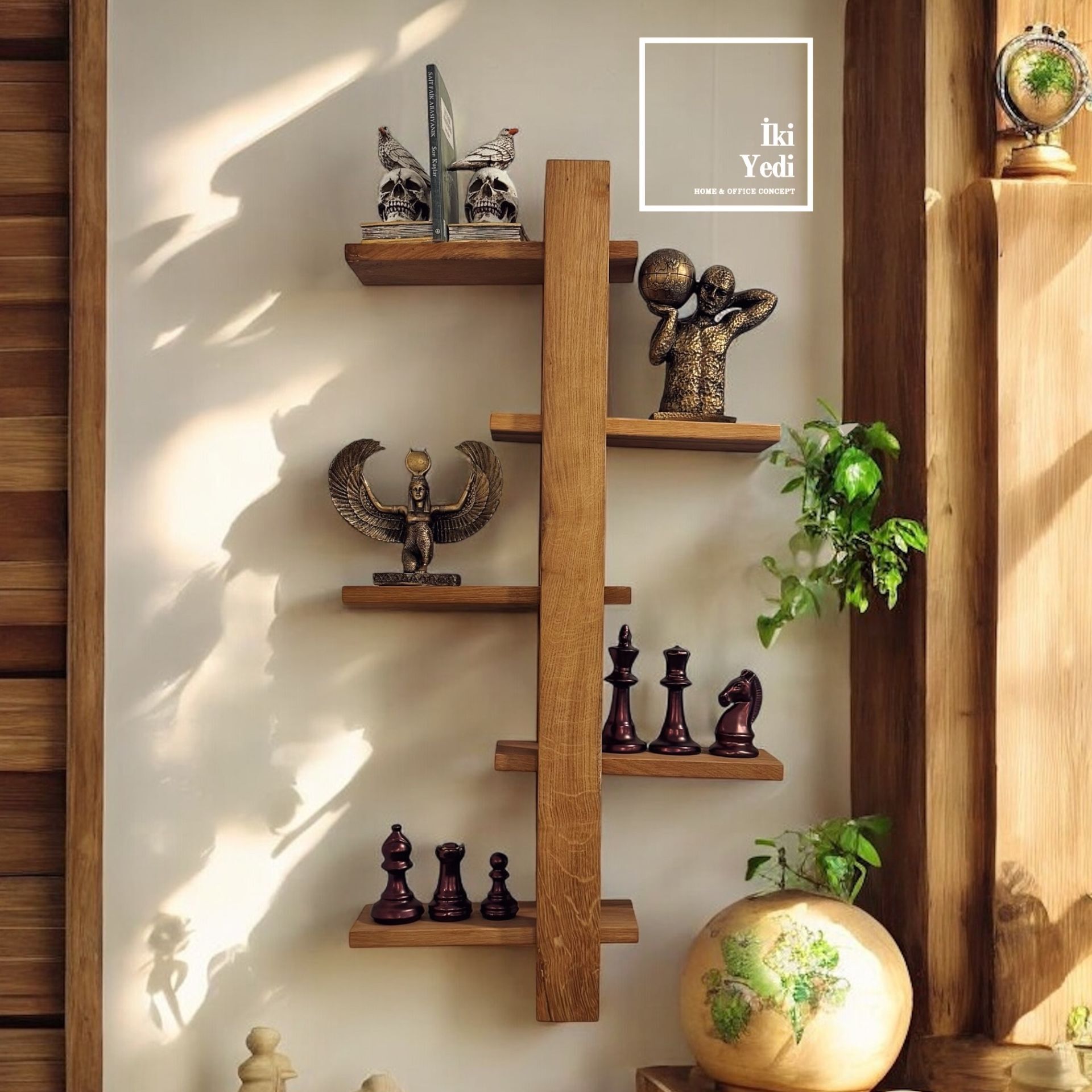 Esgeio Masif Ahşap Kitaplık ve Duvar Rafı – Dekoratif Duvar Rafı, Ahşap Ev Ofis Dekorasyonu