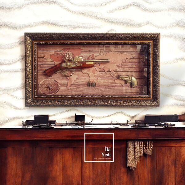 Pedro-S 77-2 Antik Silah ve Dünya Haritası Temalı Tablo – Lüks Ofis Duvar Dekoru, VIP Hediyelik