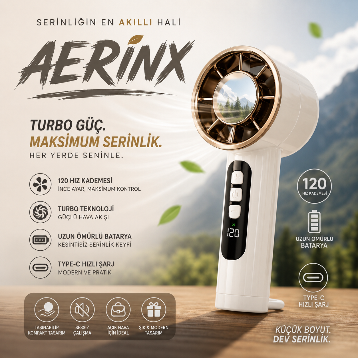 Aerinx Beyaz Şarjlı El Fanı 6 Kademe Turbo Vantilatör Type-C Taşınabilir Sessiz Mini Fan