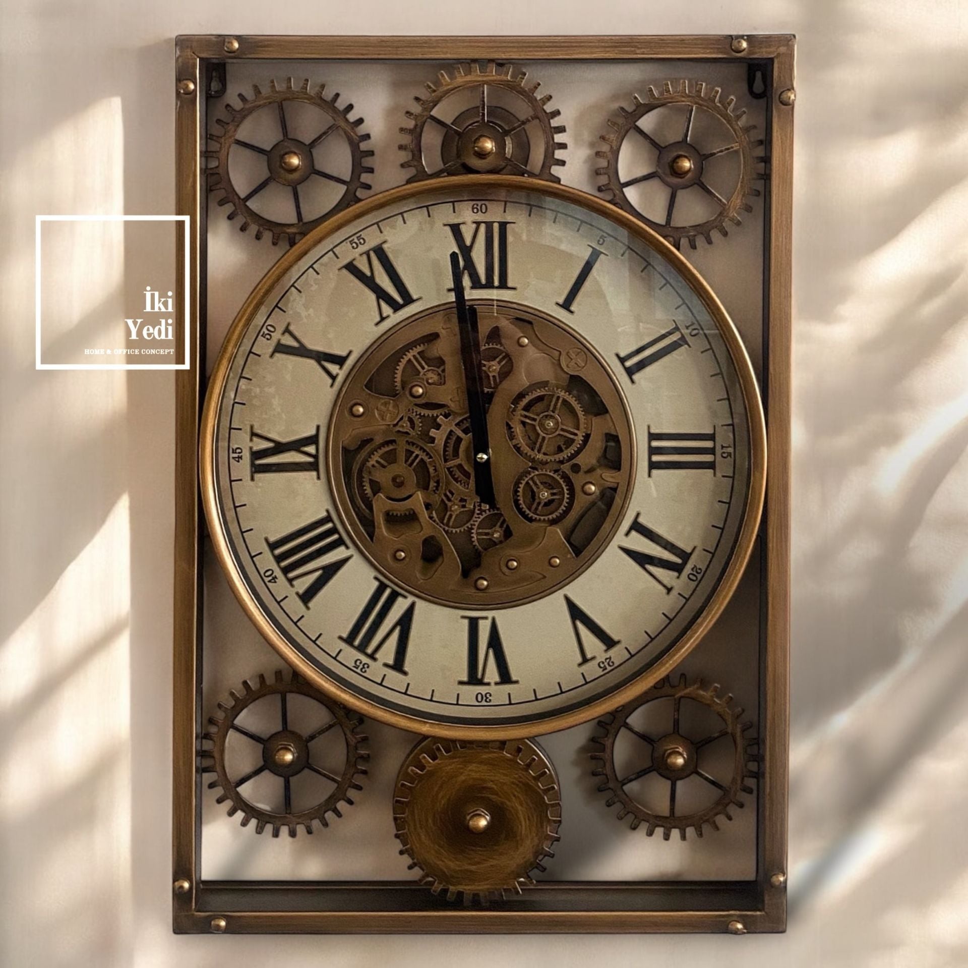Schubert 65 cm Döner Çarklı Duvar Saati Bronz Renk Mekanik Saat Ev Ofis Hediyesi Dekoratif Saat